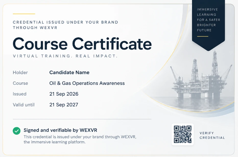 Example of a course certificate issued through WEXVR